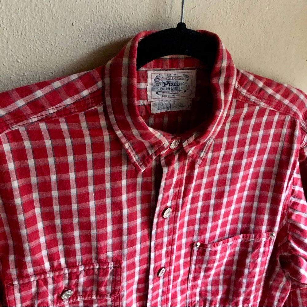 Vintage 80's Polo Ralph Lauren Authentic Dungarees Red Plaid Shirt. Size Medium - Picture 8 of 16